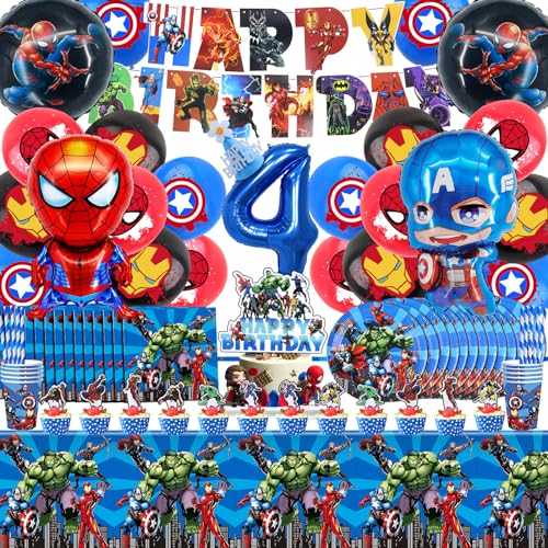 Juego de 101 platos de fiesta de superhéroes, decoración de cumpleaños, decoración de cumpleaños, superhéroe, decoración de fiestas, platos, sombreros de cumpleaños, servilletas, número 4