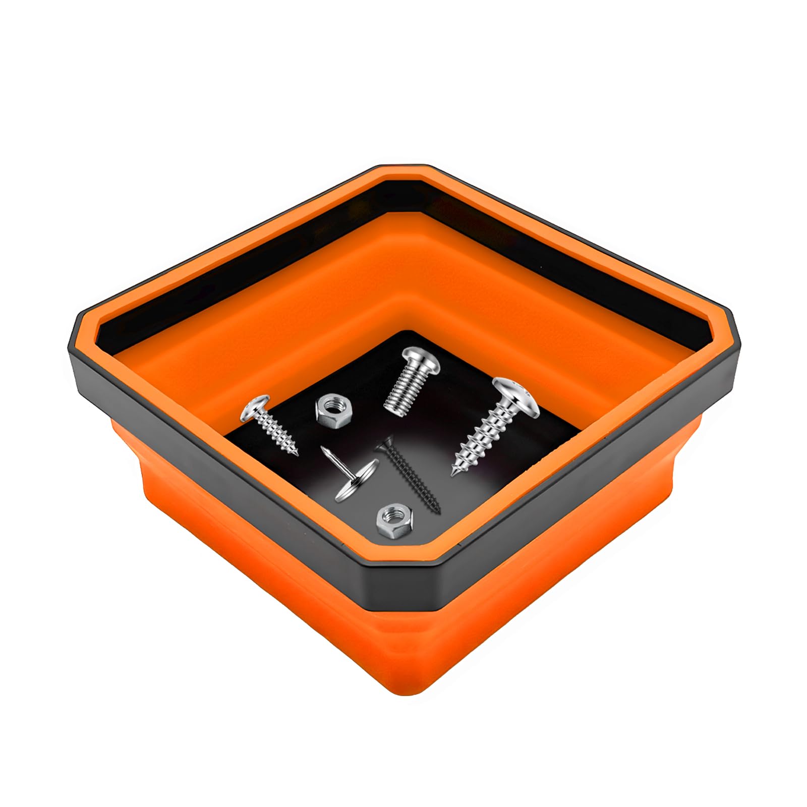 Sbulhia Collapsible Magnetic Parts Tray, 4.5" Square Metal Parts Organizer with Dual-Sided Magnetic Base, Foldable Tools Tray Silicone Storage Bowl for Screws Bolts Nuts Washers Pins (Orange)