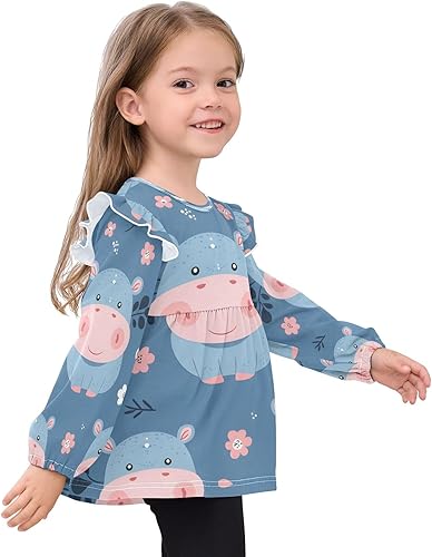 Toddler Girl Long Sleeve Shirt Ruffle Kids Blouse Tops Tee Shirt 18M-5T(Cute Hippo Floral,2T)