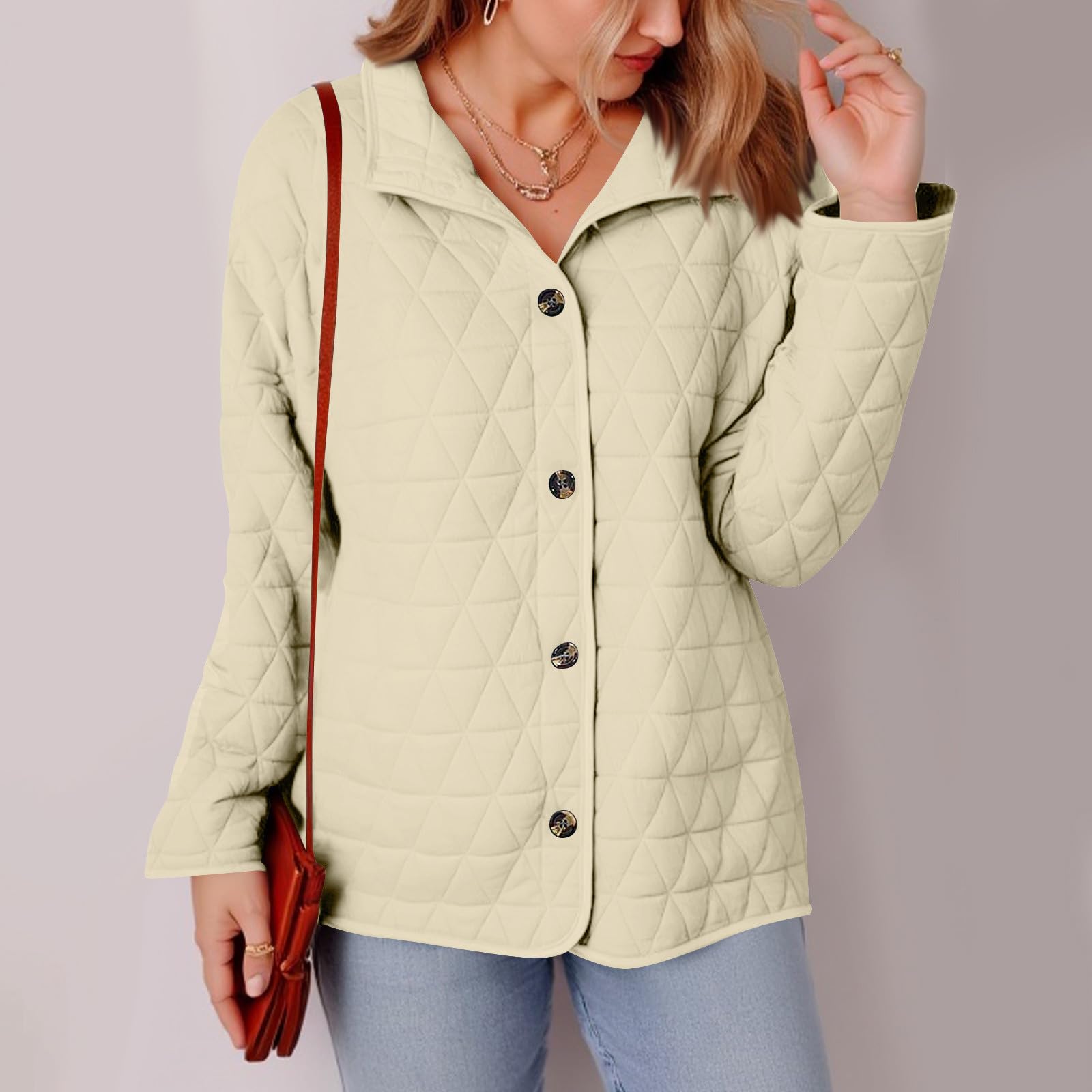 Steppjacke Damen Reverskragen Knöpfe Taschen Langarm Einfarbig Locker