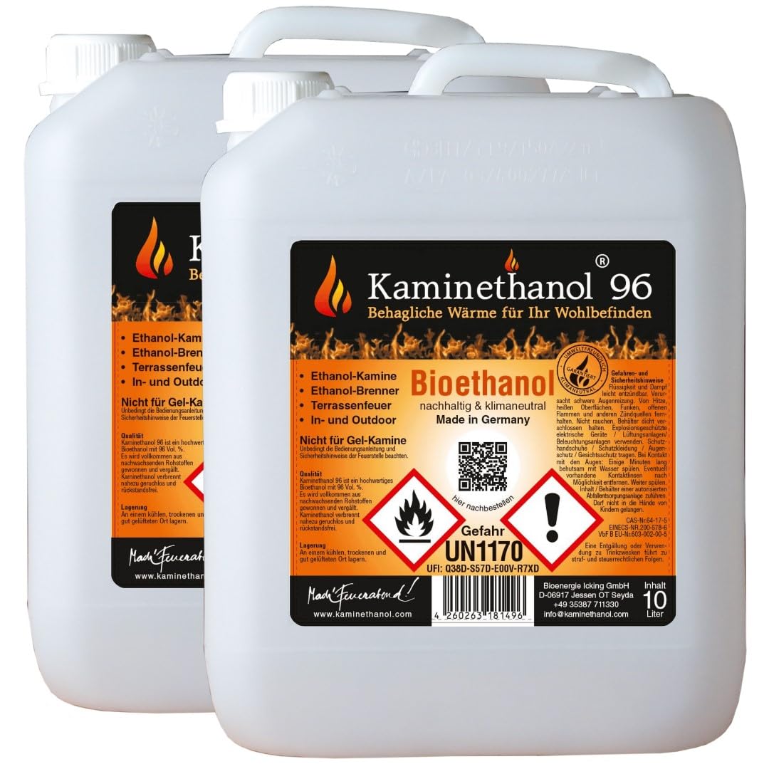Icking Bioethanol 96,6% 20 Liter (2 x 10 L) | Premium Qualität - direkt vom Hersteller für Ethanol Kamine, Alkohol-Brenner, Terrasenfeuer, Raumfeuer und Gartenfackeln