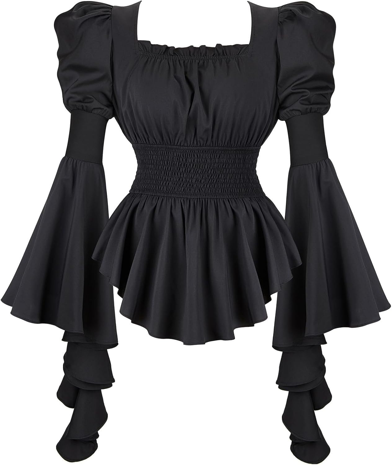 jutrisujo Black Womens Renaissance Pirate Shirt Tops Medieval Long Sleeve Off The Shoulder Gothic Peasant Blouse Ruffled 6XL