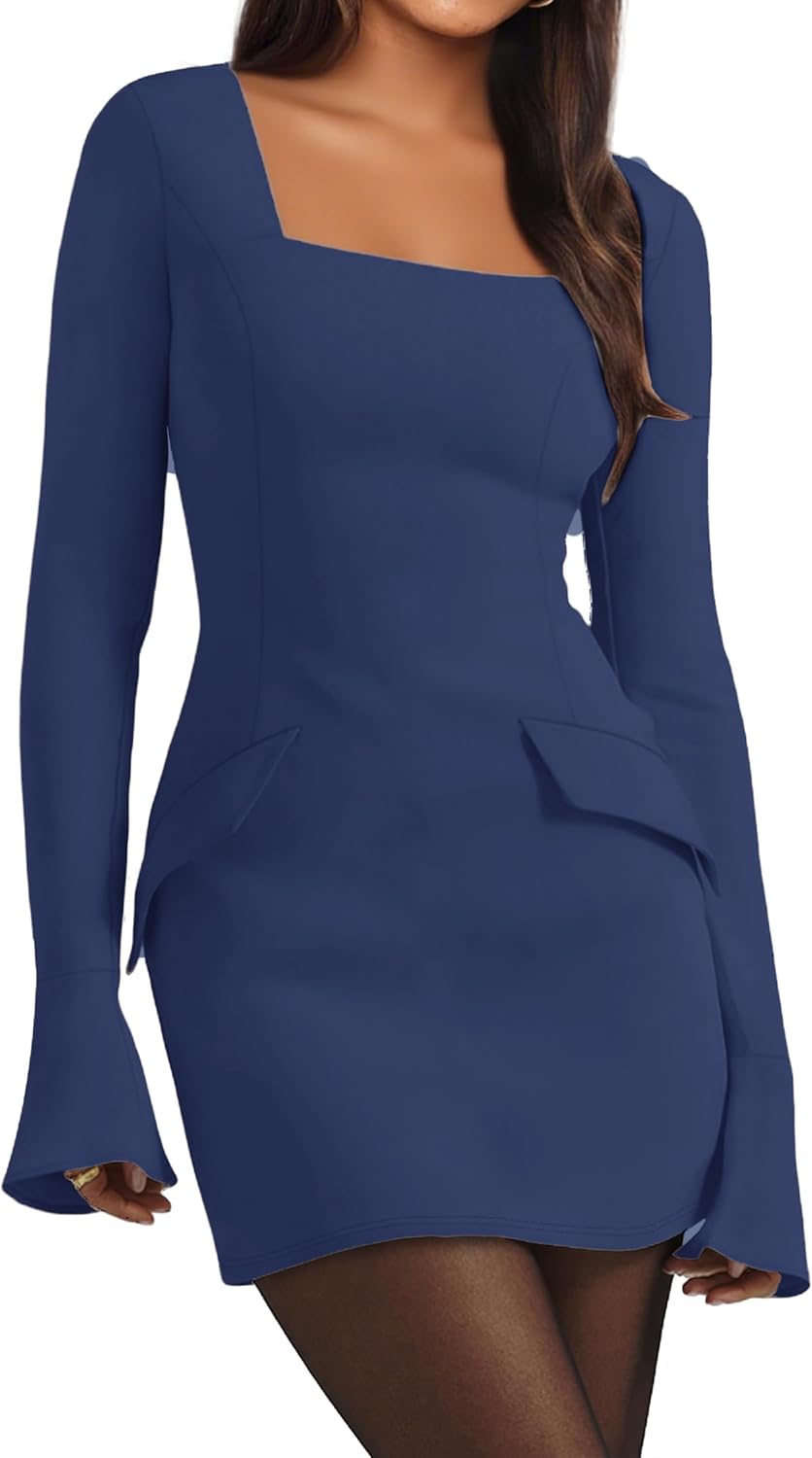 Simplee Womens Long Sleeve Mini Dresses Square Neck Casual Bodycon Party Club Formal Blazer Holiday Fall Short Dress