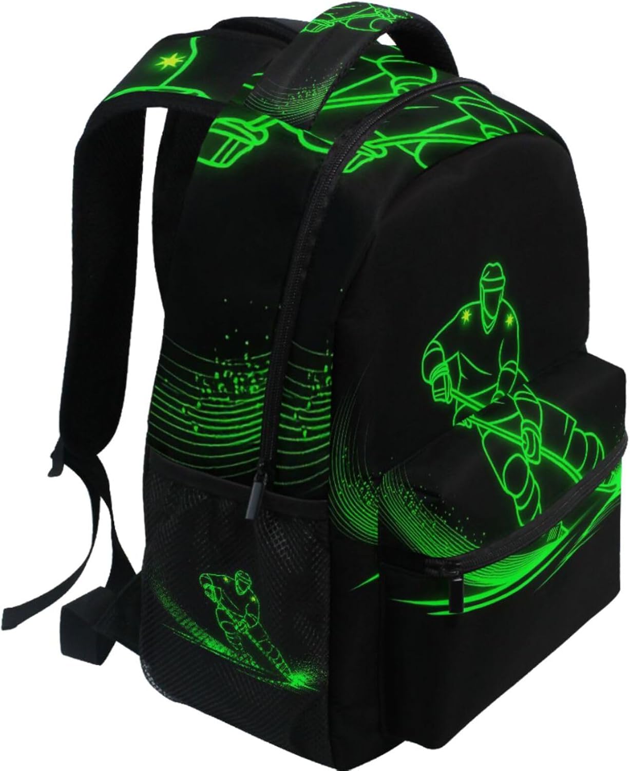 Pfrewn Kids Hockey Player Backpacks for Girls Boys Green Neon Hockey Sport Backpack for Students School 16"