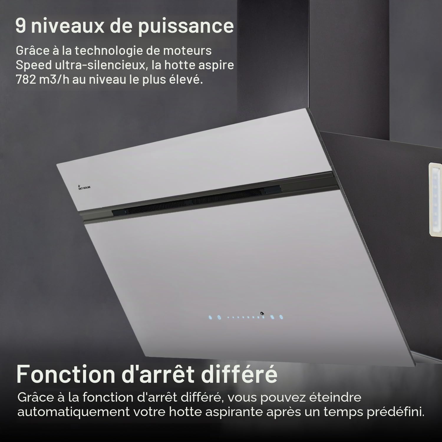 KKT KOLBE AURORA8005SW Hotte aspirante 80 cm 782 m³/h à recirculation d'air évacuée, hotte murale, verre noir et blanc, avec fonction de retardateur automatique, application Smart WiFi Wi-Fi