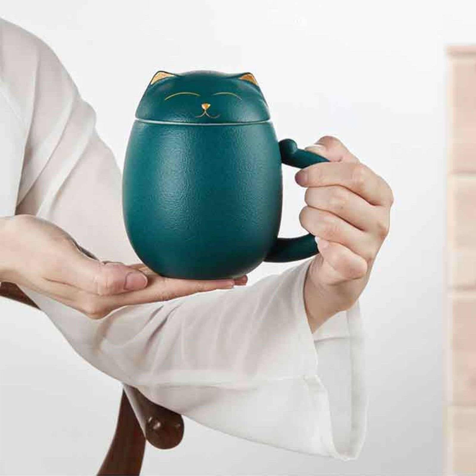 Tazza da tè in Porcellana/Ceramica con infusore per Foglie sfuse, Creativo Portafortuna con infusore per tè a Forma di Gatto con Coperchio, 350 ml, Tazza da tè Portatile verde-400