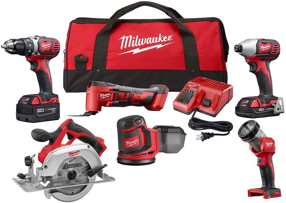 Milwaukee M18 18-Volt Cordless Combo Kit (6-Tool) with 2 M18 Batteries, 1 Charger, 1 Tool Bag