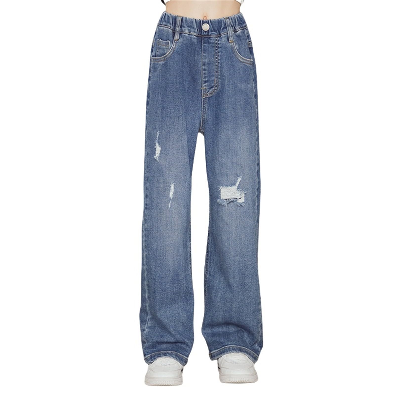 Girls Ripped Jeans Baggy Elastic Waist Denim Pants Wide Leg Straight Distressed Jeans with Pockets (Blue, 10-11 Years)