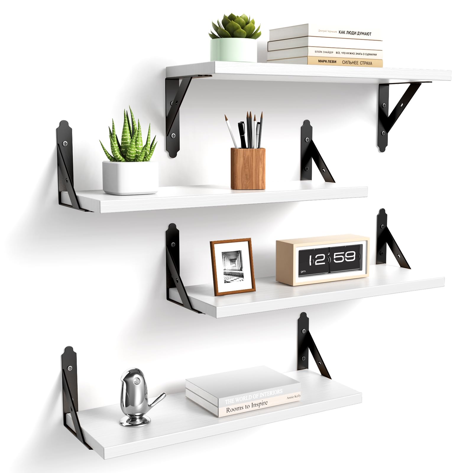 ROMGUAR CRAFT Wood Floating Shelves Set of 4, Rustic Storage Decor Wall Shelves, Wall Mounted Shelf for Living Room, Bedroom 17" x 6", White