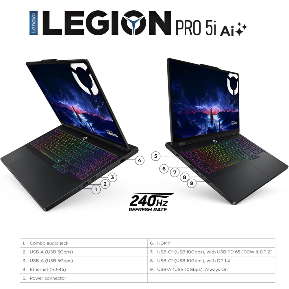 Lenovo Legion Pro 5i, Notebook Gaming, Intel Core i9-14900HX, RAM DDR5 32Gb, SSD 1 Tb, Display HDR 16" WQXGA DCI-P3 100% 240Hz, Nvidia Geforce RTX 5070, Tastiera RGB QWERTY, Ready to Use