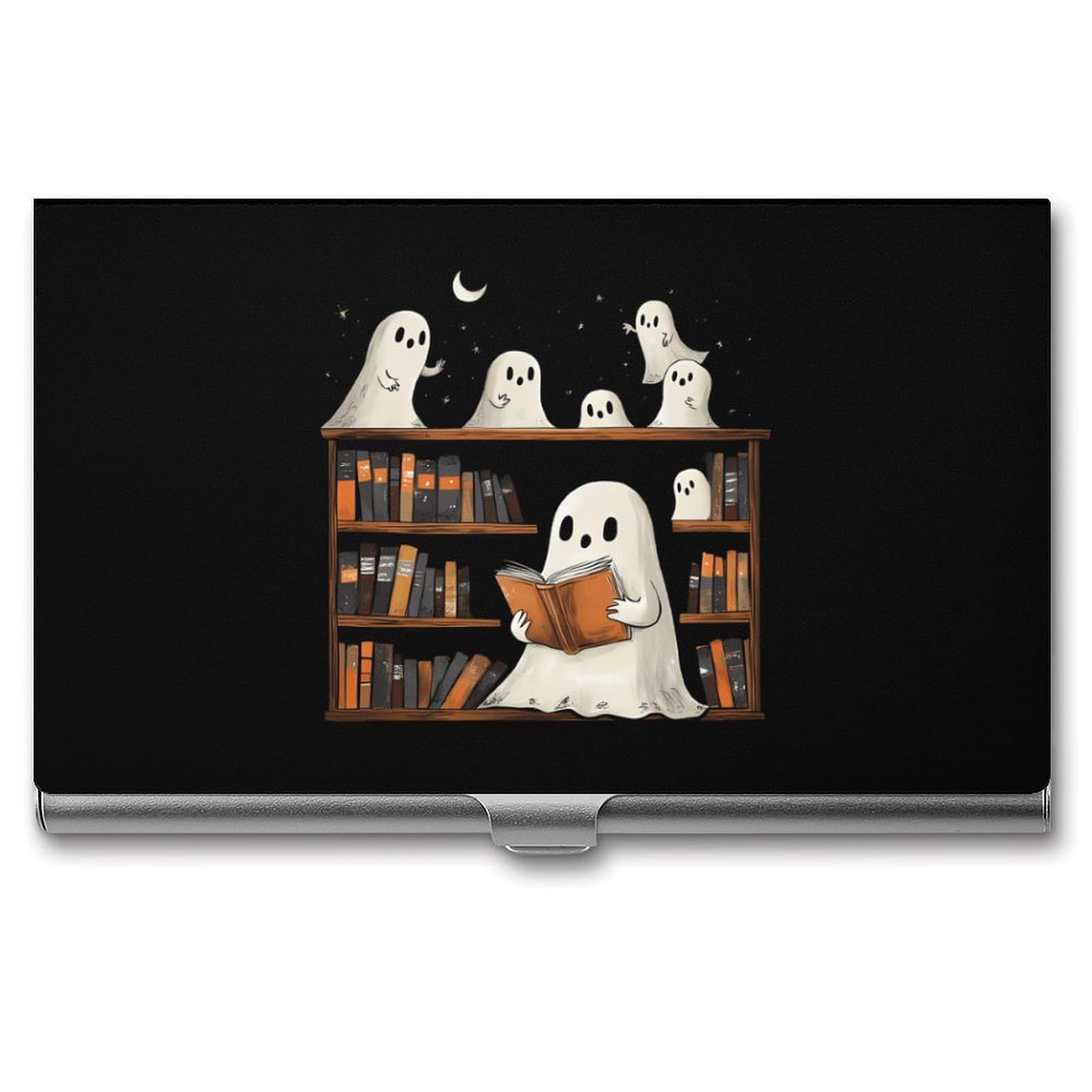 Cute Ghost Bookshelf Moon Slim Business Card Holder Wallet for Men & Women Pocket Metal Case 3.7x2.2x0.3 Inches