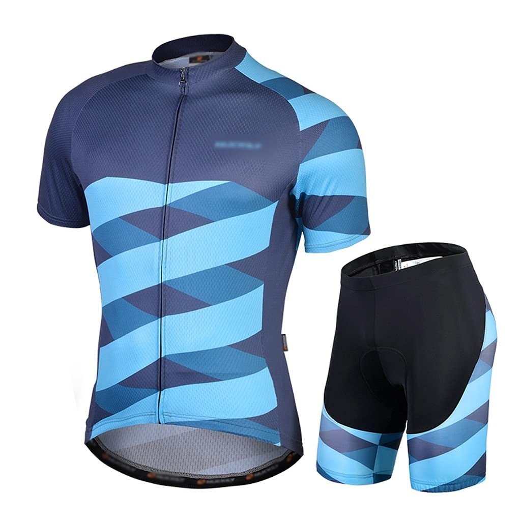 Męska odzież kolarska Summer Men MTB Jazda na rowerze Jersey Blue Stripes Amortyzujący Dekompresja Pianki Pianki Szorty Jersey Set Męskie koszulki kolarskie(XL)