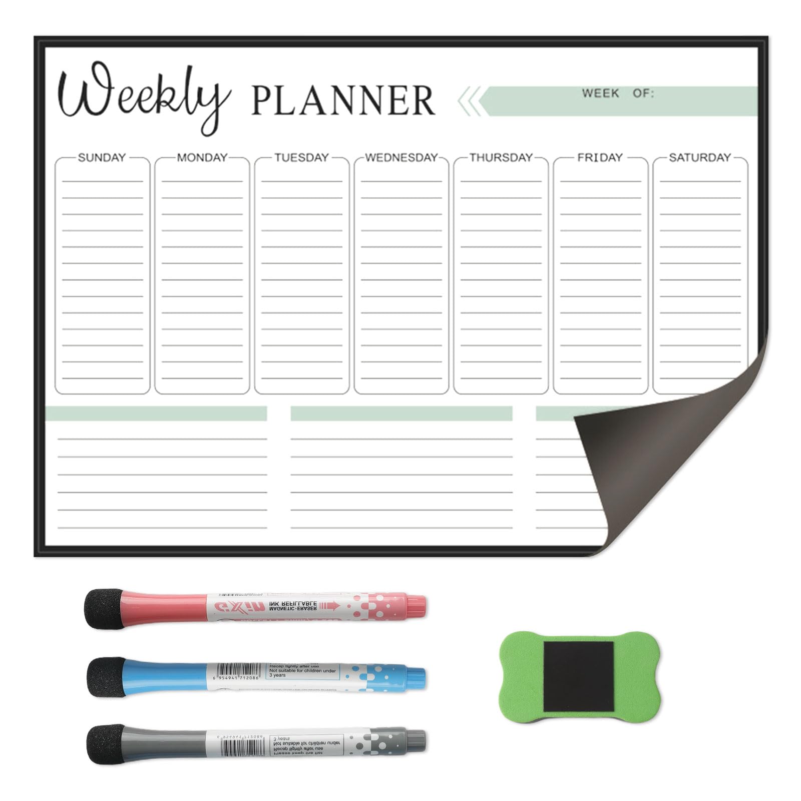 Abwischbarer Wochenplaner Magnetisch für Kühlschrank | Whiteboard Planer mit 3 Farben Stiften & Radierer | Familienplaner Essensplaner To Do Liste für Haushalt & Küche