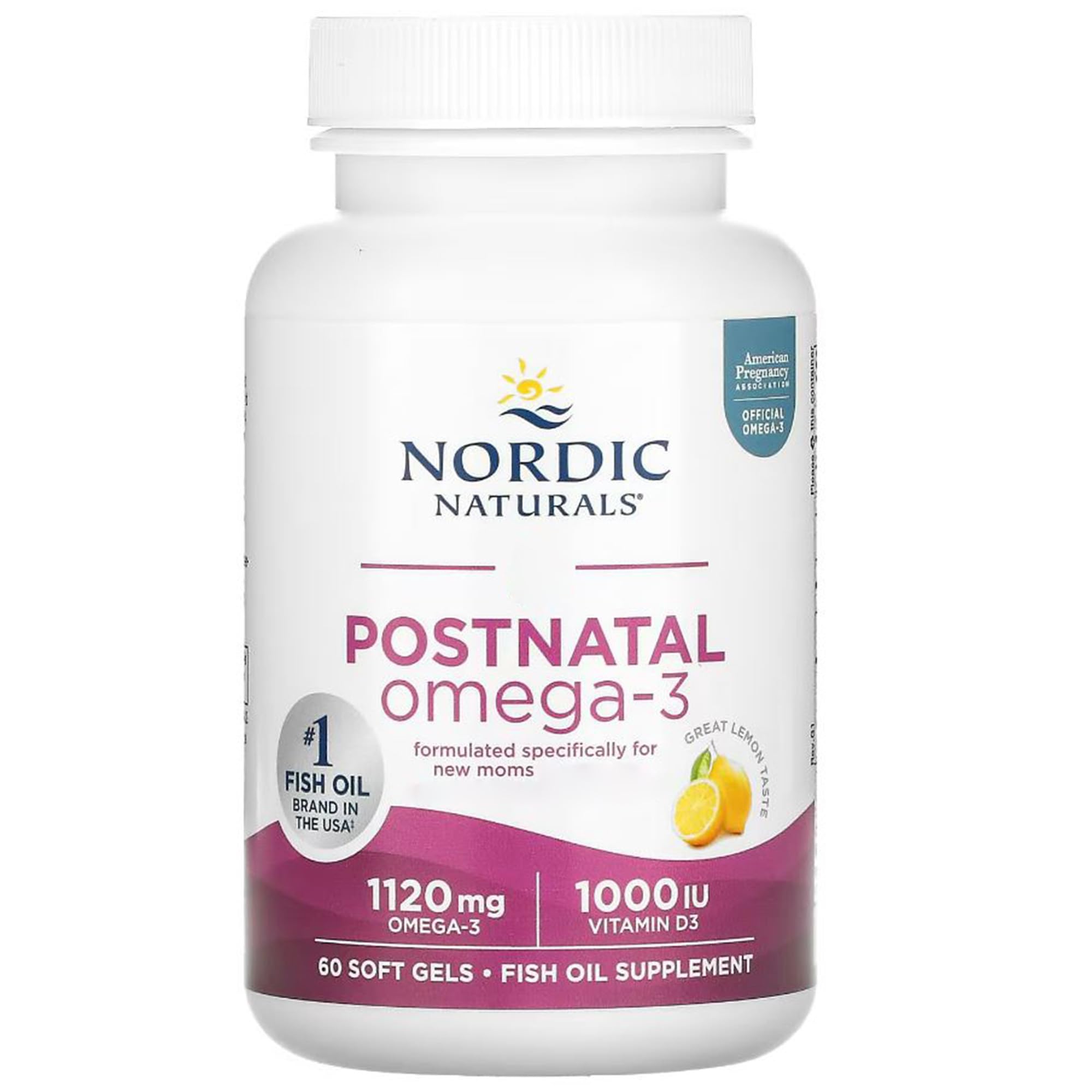 Nordic Naturals, Postnatal DHA, 1120mg d'Oméga-3 avec EPA, DHA et Vitamine D3, Haute Dosé, Goût Citron, 60 Capsules molles, Sans Soja, Sans Gluten, Sans OGM