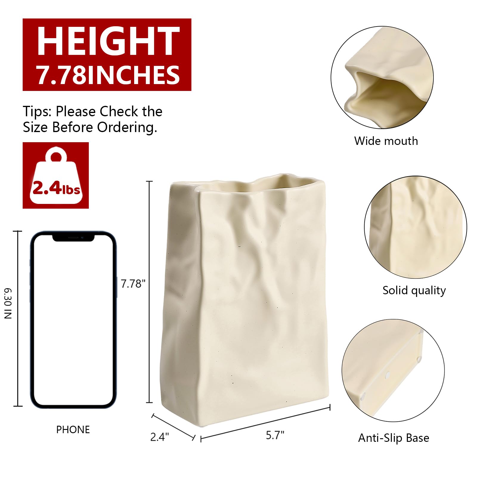 Relexome Paper Bag Vase Crinkle Wide Ceramic Flower Vase Boho Wabi-Sabi Vases, Cute Home Office Living Room Decor Aesthetic Unique Bookshelf Decorative, Bouquet Gifts for Women Girl 8 Inch: Cream White