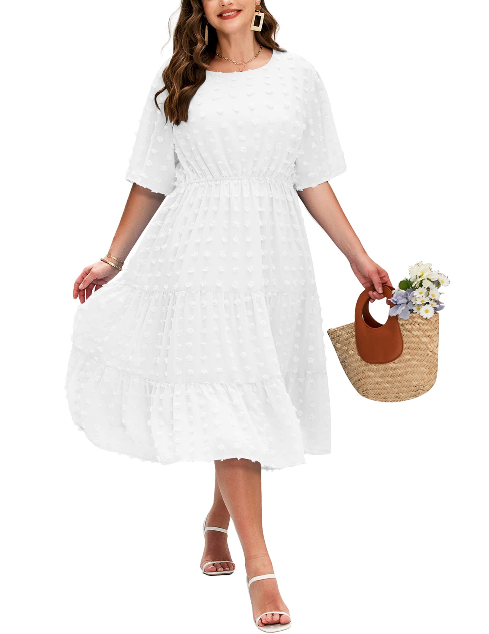 IN'VOLANDWomens Plus Size Swiss Dot Dress Chiffon Short Sleeve High Waist A Line Ruffle Tiered Babydoll Midi Dress