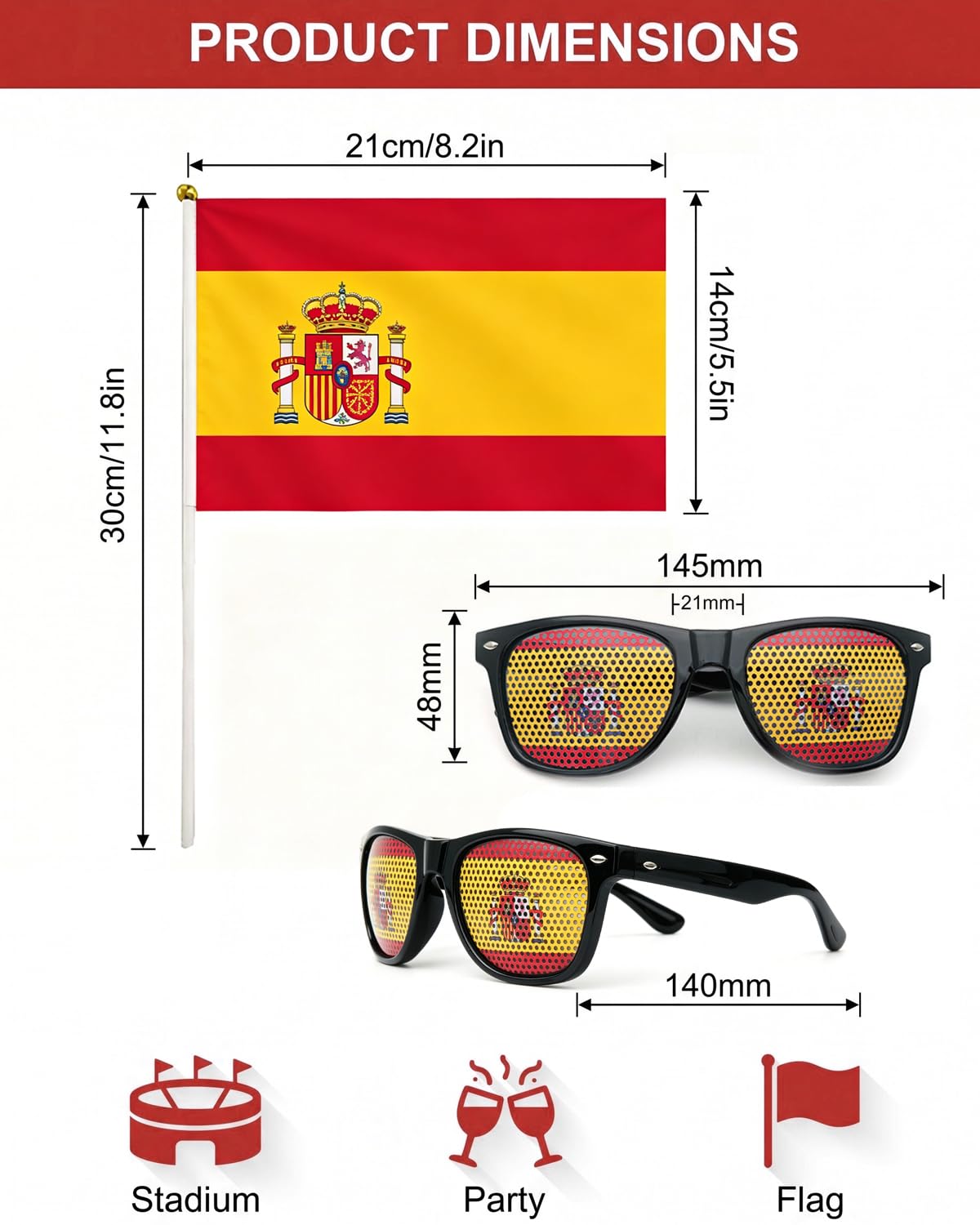 TISCH Set Fan Spagna: 2 Occhiali da Sole, 4 Bandiere 14x21cm per Mondiali, Europei | Outfit Festa & Public Viewing per Tifare la Squadra