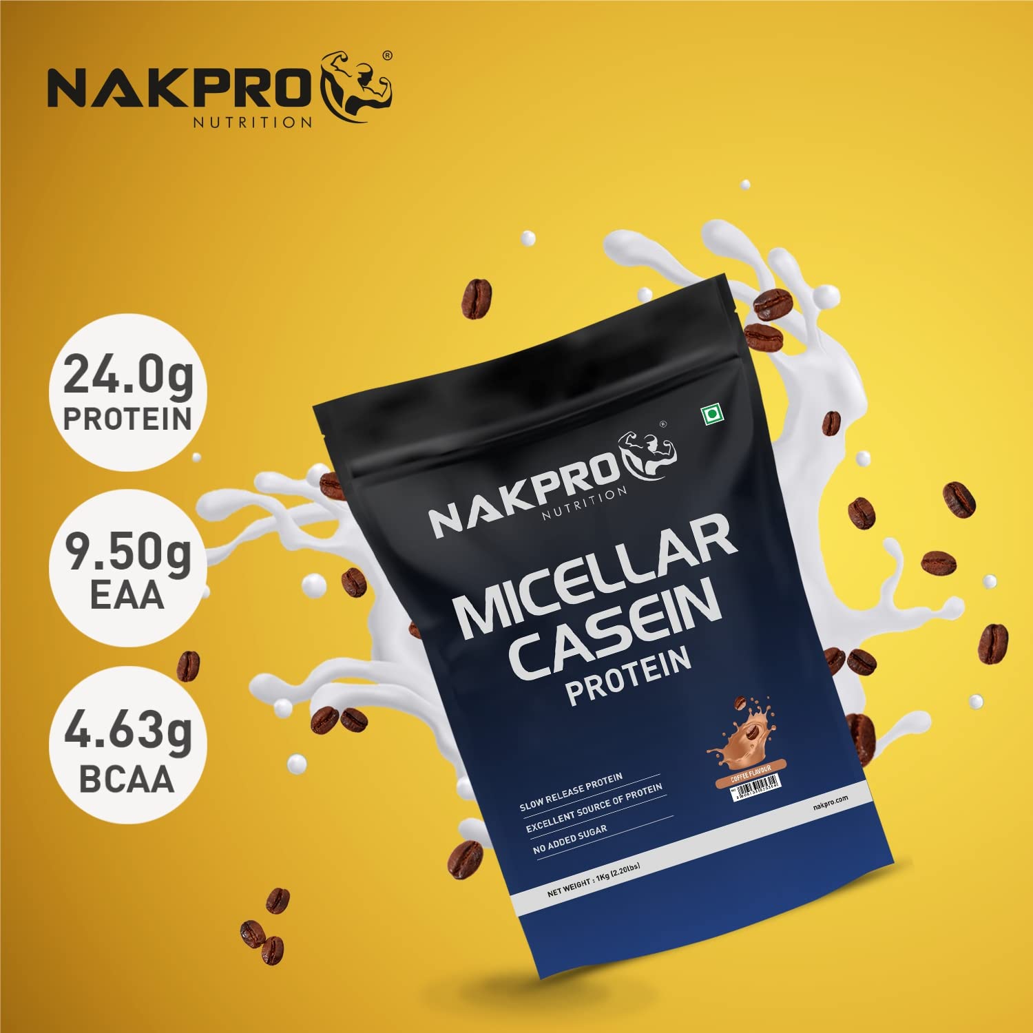 NAKPRO 100% Micellar Casein Protein Supplement |26.02g Protein, 11g EAAs, 5.26g BCAA-Coffee-1 Kg 2