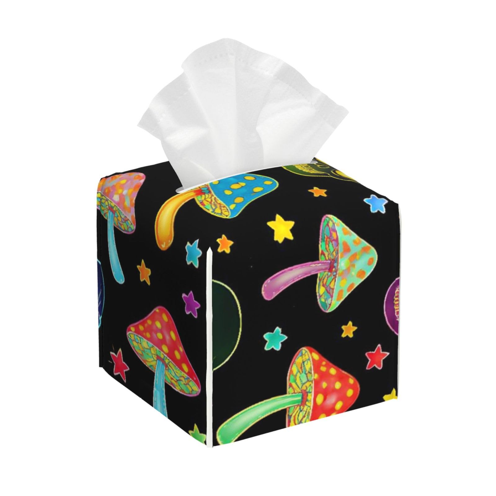 Colorful Trippy Mushrooms Skulls Leather Tissue Box Cover Holder Square Facial Paper Organizer 5.2" X 5.2" X 5.2"