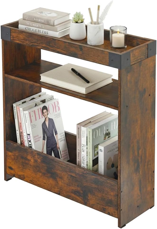 Farmhouse Narrow Side Table with Tray Top & Magazine Rack, Sofa Couch Side Table with Storage Shelf, Slim End Table for Small Spaces, Modern Nightstand for Bedroom, Living Room (Rustic Brown)