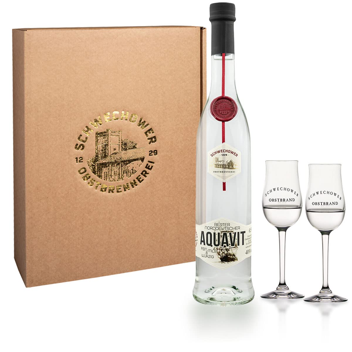 Bester norddeutscher Aquavit 0,5l + 2 Bouquetgläser Geschenkkarton (40% Vol) Geschenkset mit Gläsern - Präsent 500ml | Schwechower Brennerei (1229)