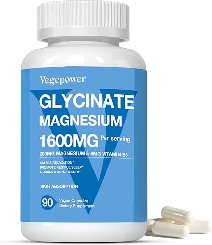 Suplementos de glicinato de magnesio de 1600 mg, con vitamina B6 y zinc, vitamina D3, magnesio quelado para dormir, músculo, salud ósea e