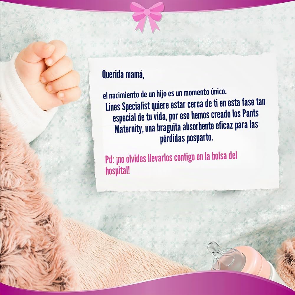 Lines Specialist Maternity - Braguitas absorbentes Lines Maternity Post Parto, con soporte del abdomen y absorción rápida para pérdidas postparto, talla M, paquete de 24 unidades