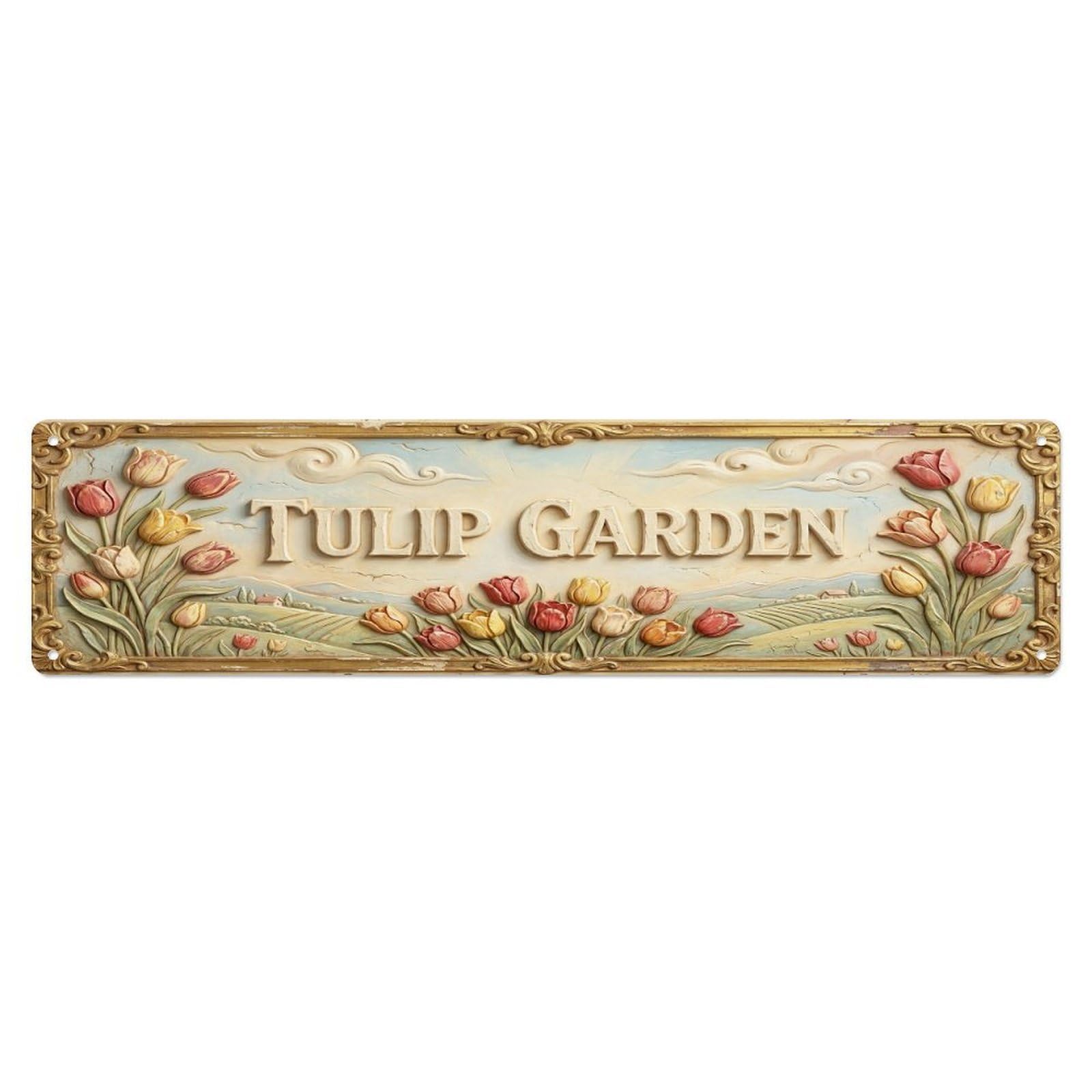 Olhnbad 4X16inch(10X40cm) Vintage Cottagecore Garden Tulip Garden Relief Metal Tin Sign