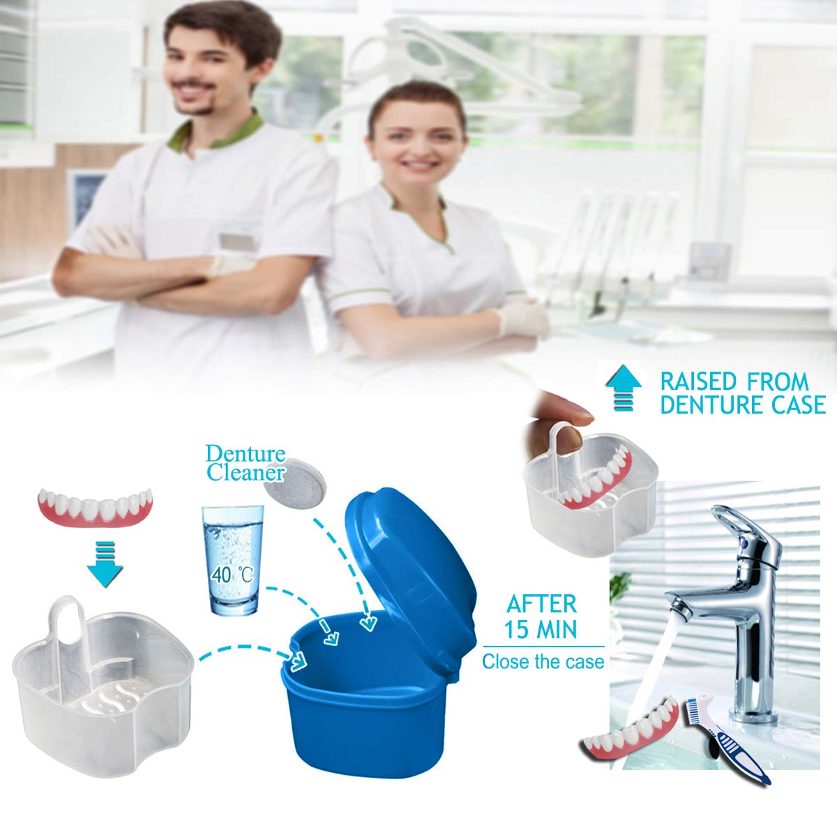 BRMDT Denture Case Bath Cups Denture Brushes 4Pcs, Denture Holder Brace Container with Soaking Strainer Basket For Daily Cleaning Home Office and Travel : Health & Household