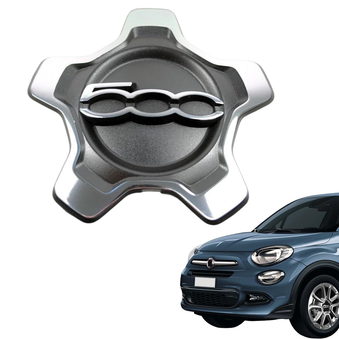 Coprimozzo Ruota 735626312 per 500x, Parti di Ricambio, Ideale per Appassionati di Tuning (Bordo Argentato, Scritta Argento)