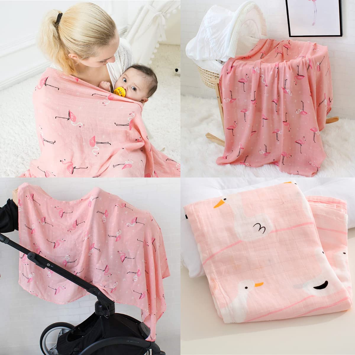 HOODLi Muslin Swaddle Blanket Towel Baby Wrap, 120x120cm, Ultra Soft 100% Organic Bamboo Cotton, Multi-purpose, Receiving Swaddling Newborn Girls & Boys, Nursing or Stroller Cover, Burp Cloth (3-Pack)