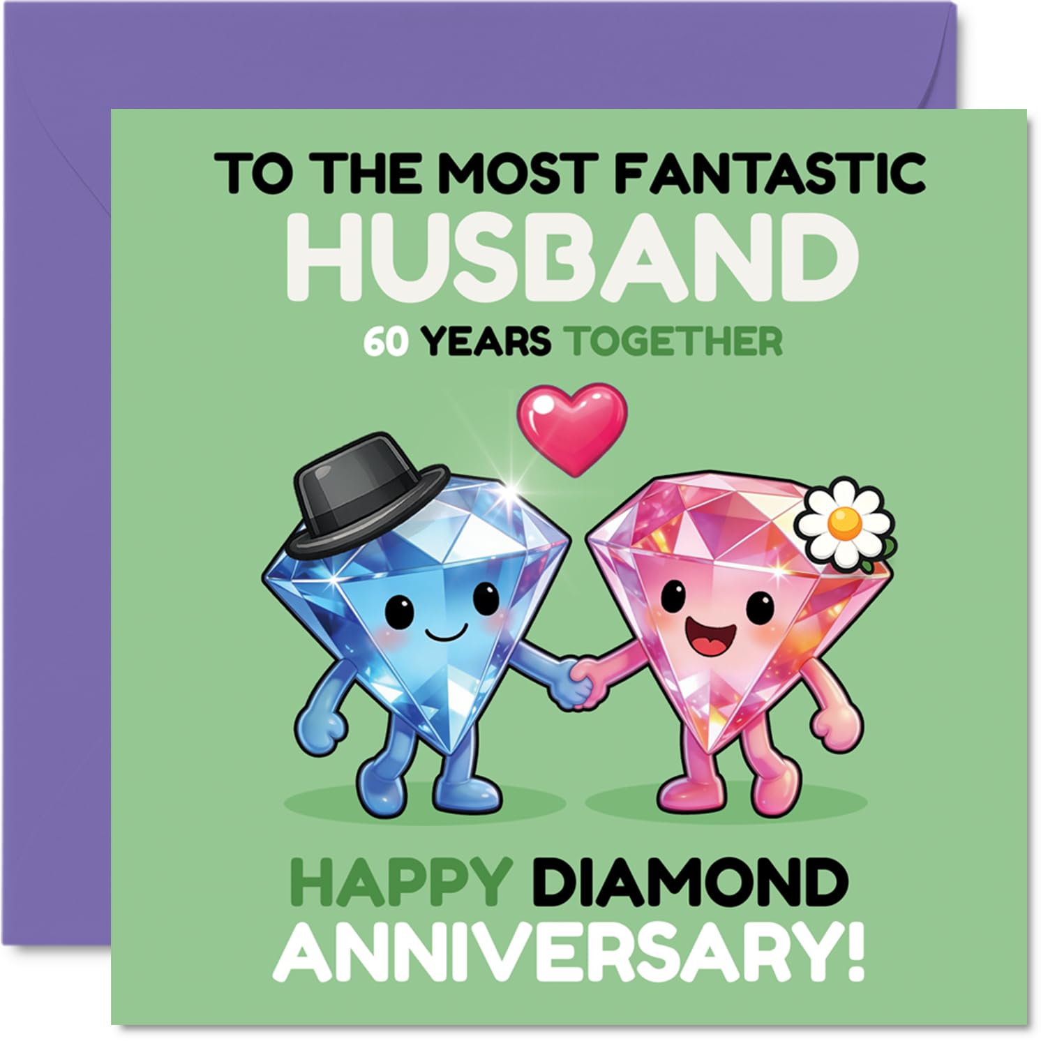 Milestone 60th Anniversary Card for Husband - Celebrating 60 Sparkling Years - Two Adorable Diamond Characters Hand in Hand - 145mm Square, Envelope Included