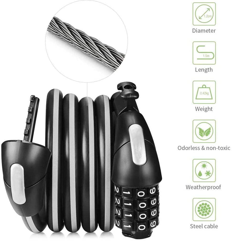Candados para Bicicleta de montaña, candados antirrobo con contraseña, candados de Cable Luminosos para Carretera, candados de Cadena Reflectantes con contraseña para Ciclismo (Negro, 180 cm)