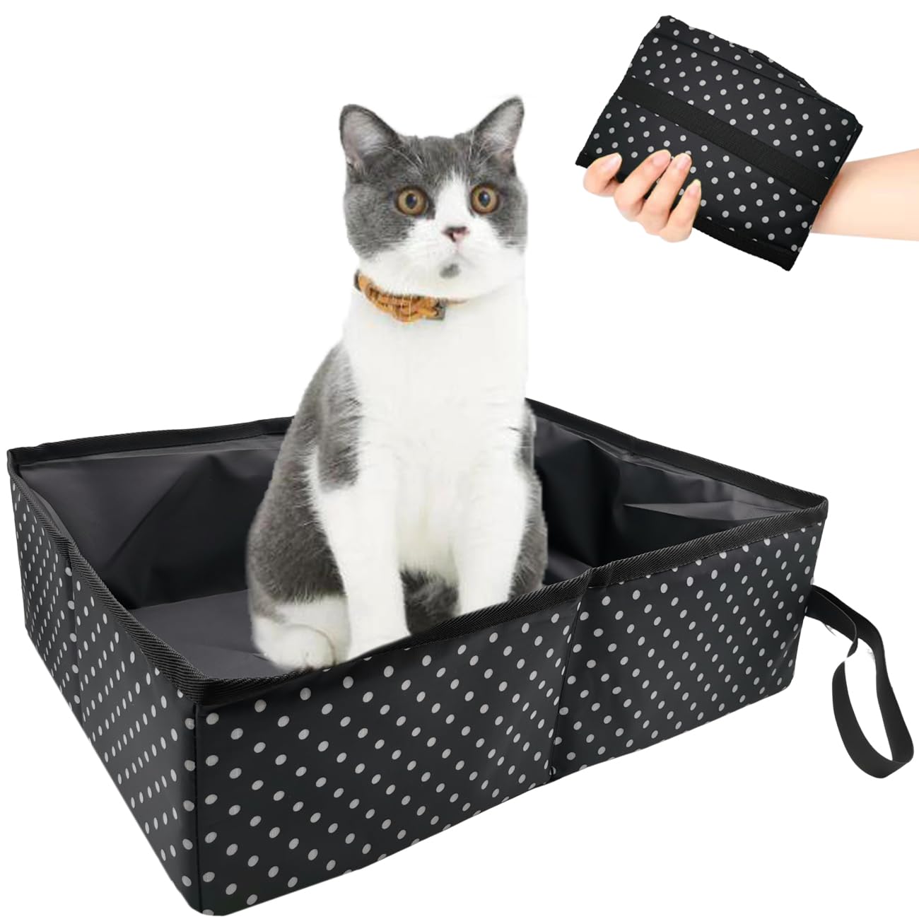 Caja de Arena para Gatos de Viaje Plegable, Arenero de Viaje para Gatos Portátil, Impermeable, Fácil de Limpiar para Gatitos, Conejos de Uso Doméstico, Exteriores, Coche, Negro, 48x39x14 cm