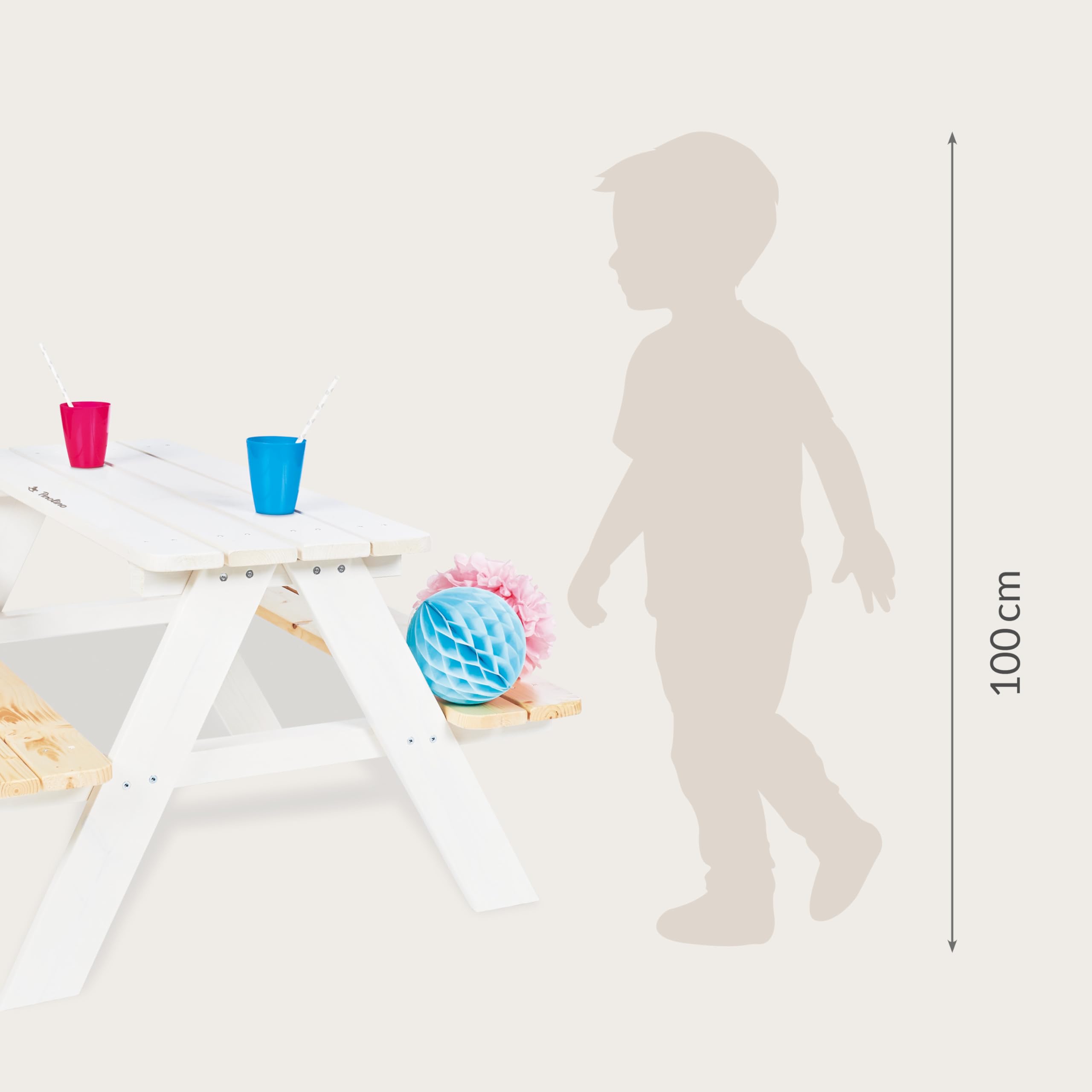 Pinolino Ensemble de Table et bancs 'Nicki pour 4', Massif : Bois de conifères, lasure Blanc et Claire, pour Enfants à partir de 2 Ans