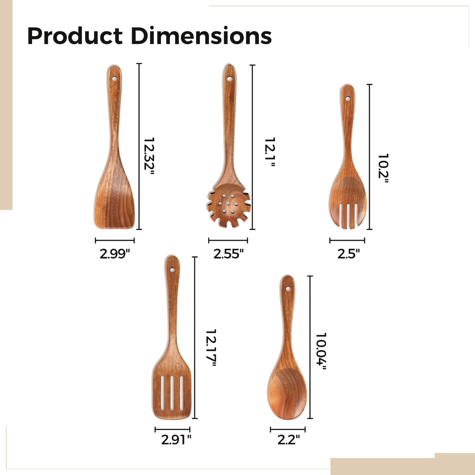 Holz Kochutensilien Set, 5-teilig, Teakholz, lange Griffe, antihaftbeschichtet, für die Küche
