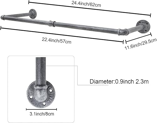 Miniatura 2 de Perchero industrial para ropa de tubería montado en la pared, resistente que ahorra espacio, barra de ropa desmontable multiusos para colgar, 24
