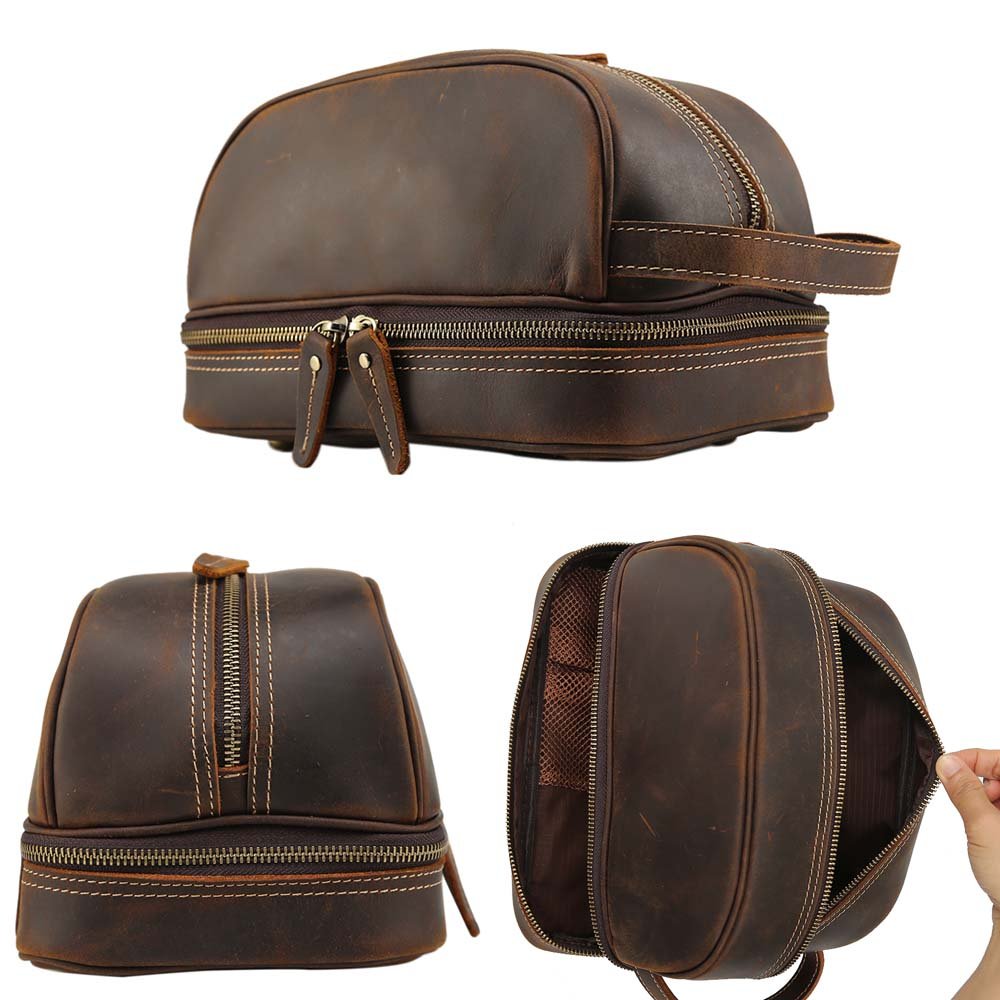 Neuleben kosmetyczka z prawdziwej skóry z 2 przegródkami – XXL kosmetyczka z uchwytem do noszenia, styl vintage, na podróż