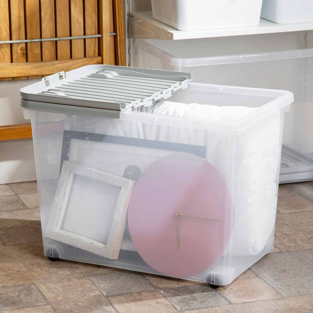 80 Litre 80L Large Big Plastic Clear Storage Box with Grey Hinged Lid and Wheels Strong