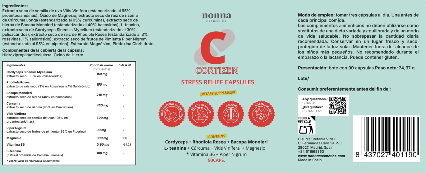 CORTIZEN – Suplemento Mujer Cordyceps capsulas + Rhodiola + Bacopa + Magnesio | Regulador Hormonal Natural, Equilibrio Emocional y Bienestar | Estrés y Cortisol | 90 Cápsulas | Nonna Cosmetics