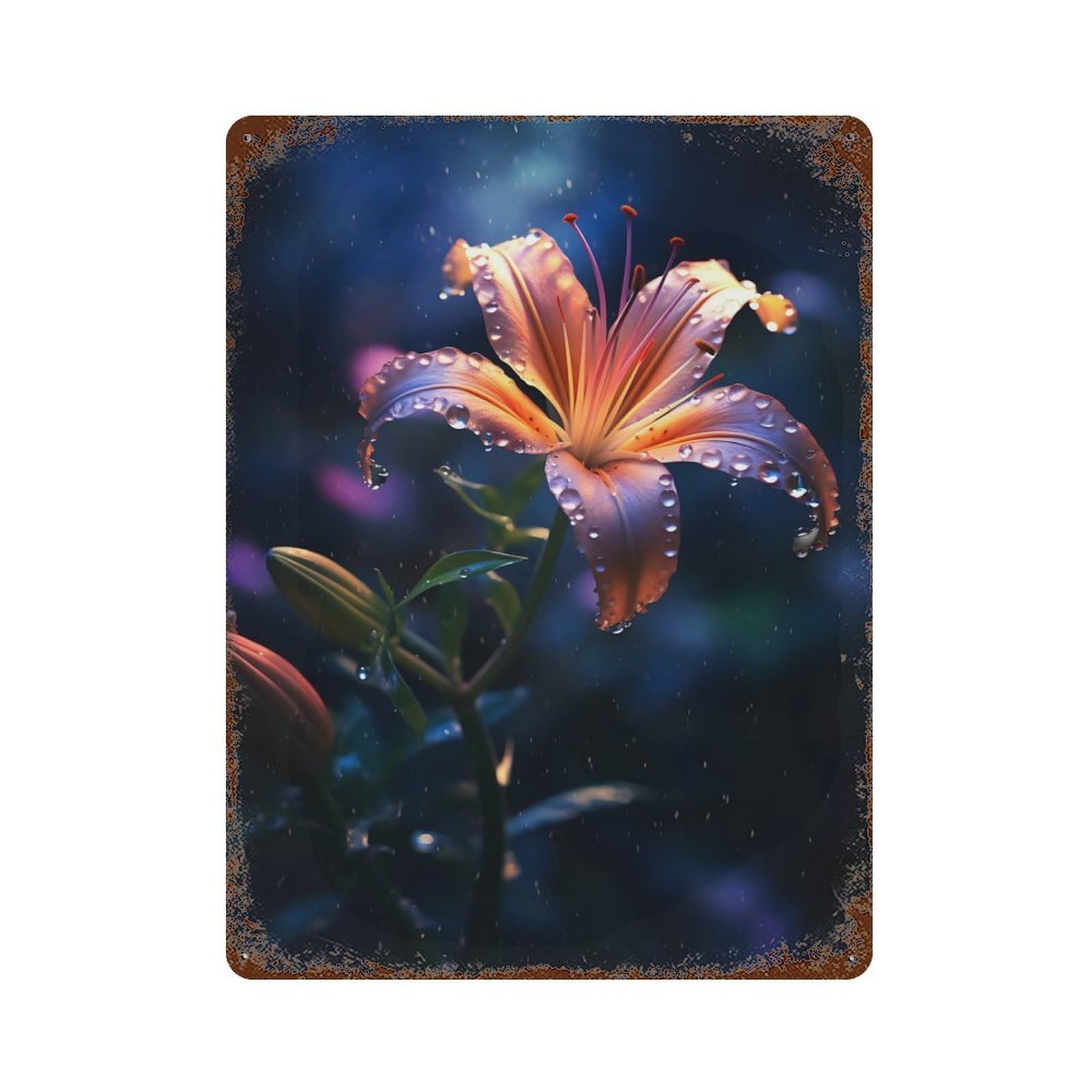 Rainy Lily Flower Vintage Rust Metal Sign 15.7"x11.8", Retro Wall Decor for Garage, Pub Or Kitchen