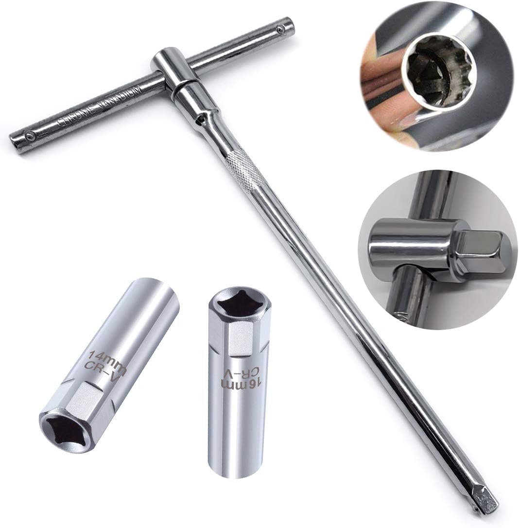 QISF 2 Pcs 3/8" Thin Wall Spark Plug Socket 12-Point Removal Tool 14 mm & 16 mm + 3/8" Adjustable T-Wrench Drive Torque Spark Plug Spanner Extension Kit (25cm)