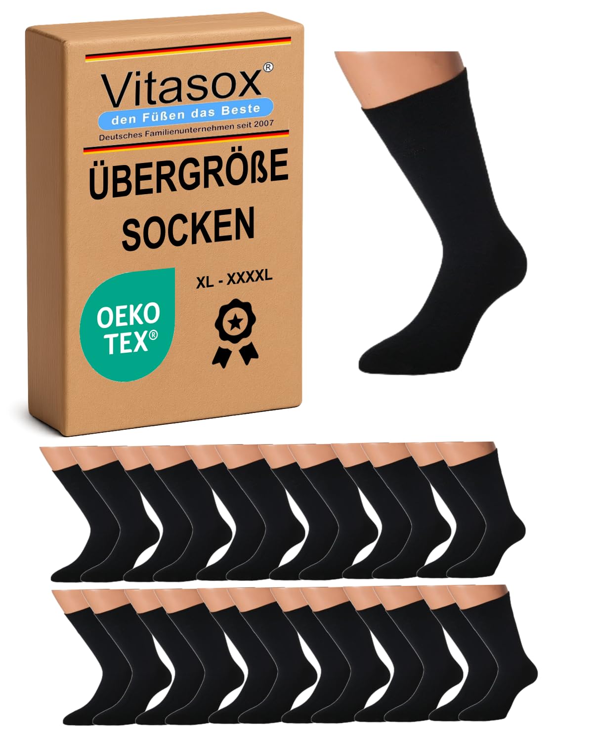 Vitasox Herren Socken in Übergröße, 6er oder 12er Pack von XXL bis Super-XXXL in Schwarz, aus Baumwolle ohne Gummi, für extra große Füße, haltbar und strapazierfähig, angenehmer Komfort auf der Haut