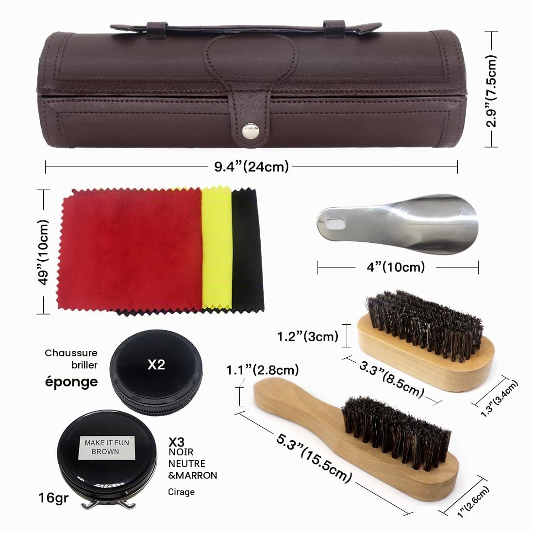 Kit d'Entretien de Chaussures 12 Pièces - Cirage Pour Cuir Avec Cire Marron et Noire, Brosses de Polissage - Compact, Marron