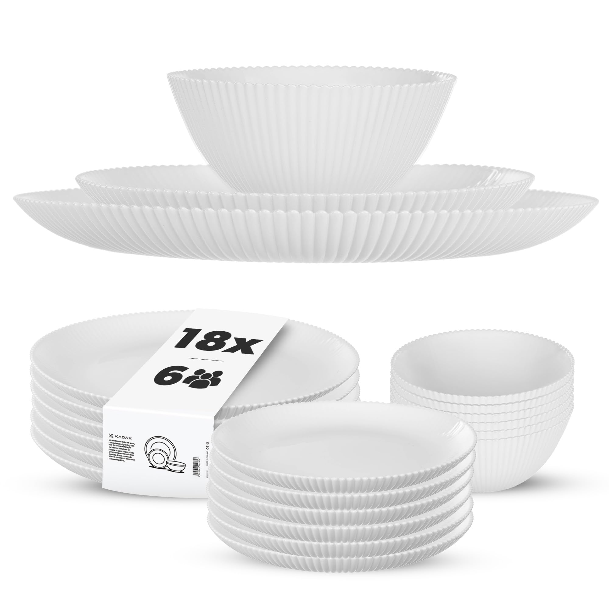 KADAX Vajilla para 6 personas, 18 piezas, de cristal opal blanco, con cuencos para sopa, platos llanos y platos de postre, apto para lavavajillas (blanco)