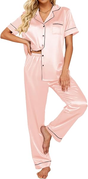 Ekouaer 2 Piece Satin Short Sleeve Pajamas Set Button Down Sleepwear