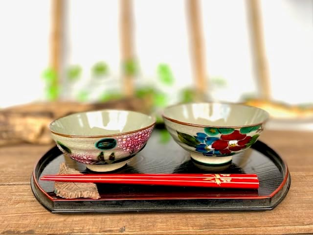 新品 九谷焼 『ペア飯碗』がく紫陽花ピンク＋ピンク＆グリーン地桜