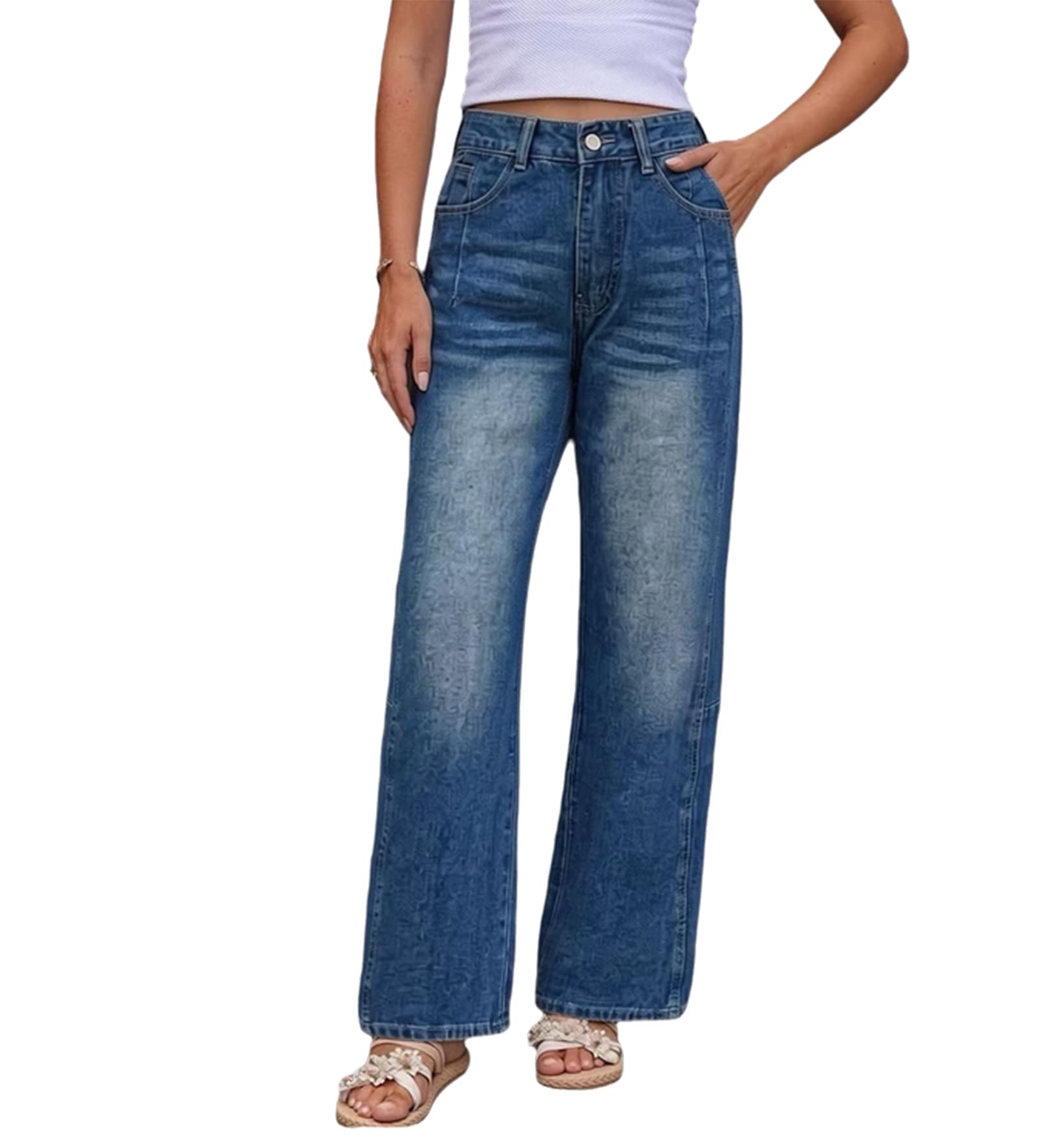 Jeans Larghi A Gamba Dritta da Donna Lavati E Strappati A Vita Alta Pantaloni di Denim Sciolti