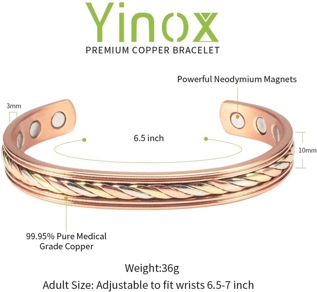 YINOX Bracelet en cuivre tressé magnétique avec 8 aimants, 10 mm, 16,5 cm, réglable, pour homme et femme, idéal comme cadeau pour bijoux
