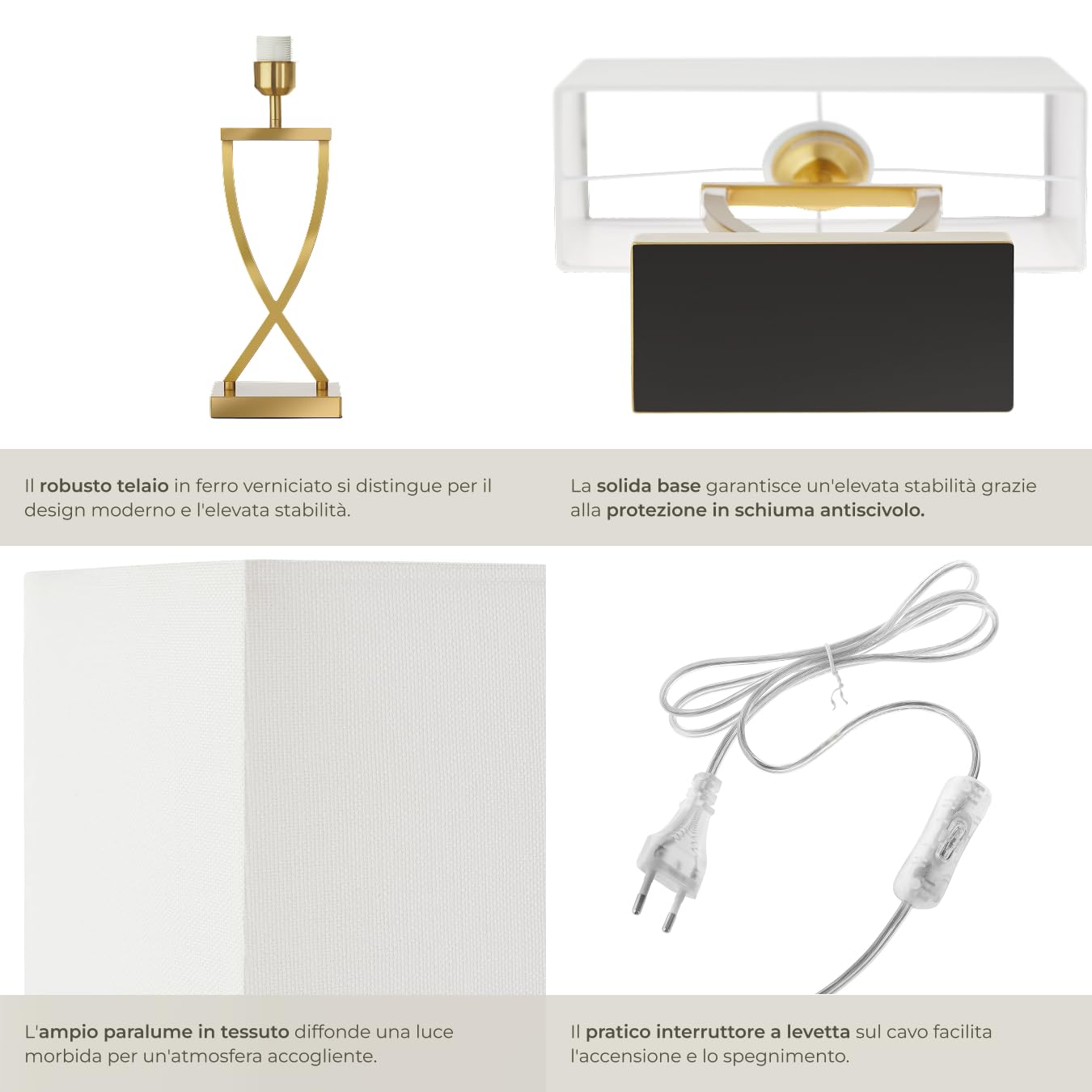 tectake® lampada da scrivania moderna, 60W, luce antiabbagliamento, paralume in tessuto, lampada da comodino struttura in ferro rivestito, base stabile, bajour comodino, design elegante - Color Ottone